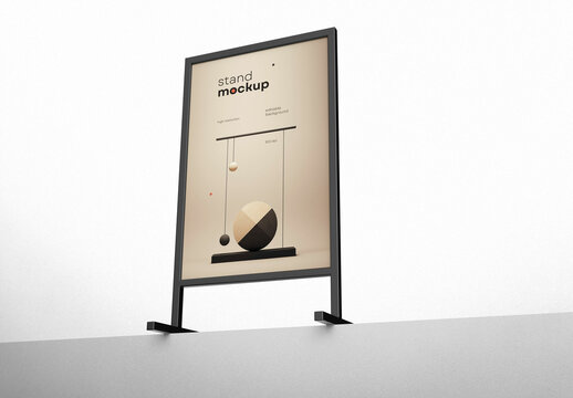 Minimalist Poster Stand Mockup &ndash; Abstract Geometric Design on Elevated Floor Display for Modern Brand Concepts