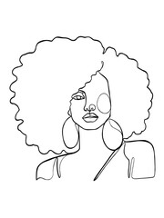 Continuous one line drawing of black afro woman. Vector illustration.