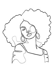 Continuous one line drawing of black afro woman. Vector illustration.
