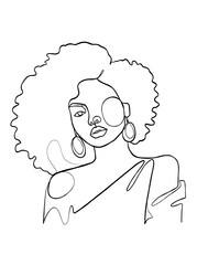 Continuous one line drawing of black afro woman. Vector illustration.