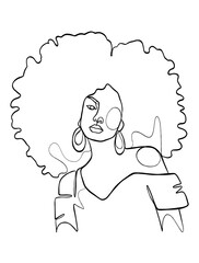 Continuous one line drawing of black afro woman. Vector illustration.