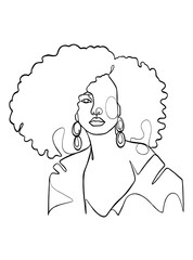 Continuous one line drawing of black afro woman. Vector illustration.
