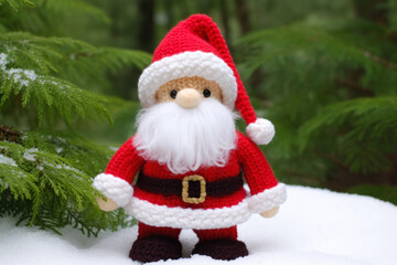 Fototapeta na wymiar Small knitted Santa Claus figurine standing on a bed of snow. The figurine is wearing a red suit and hat with white trim and a black belt with a gold buckle. It has a white beard