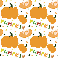 Seamless pattern in the form of a geometric pumpkin, hand-drawn, with an inscription. Vector illustration of vegetables in whole and in section. For wrapping paper, street festival, farmer's market
