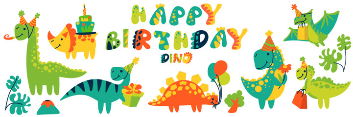 A set of isolated cute dinosaurs in a happy Birthday theme. Vector illustration for a birthday. Bright festive animals with gifts, cake and balloons in festive cones. Birthday party in the jungle