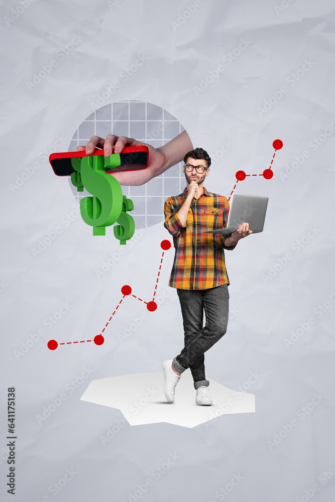 Poster vertical collage image of minded guy use netbook contemplate arm smart phone dollar money symbol iso