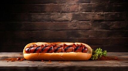A mouthwatering grilled hotdog with smoky char marks on a rustic wooden board, placed against a weathered brick wall, creating a warm and inviting scene with room for text. AI generated - obrazy, fototapety, plakaty