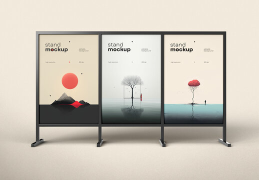 Triple Urban Stand Banner Mockup &ndash; Minimalist Outdoor Poster Frames with Conceptual Landscape Artwork on Soft Beige Background