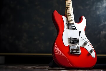 red electric guitar on dark background - obrazy, fototapety, plakaty
