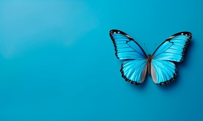 Blue butterflies on a light blue background. Copy Space. Wallpaper. 