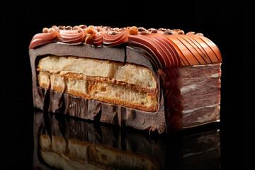 The slanted view magnifies the finesse of each layer, highlighting the precision of the dessert's construction