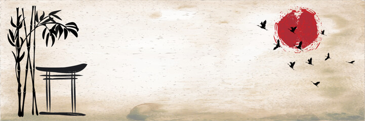 Japanese landscape background Misty mountains.Traditional oriental ink painting sumi-e, u-sin, go-hua.