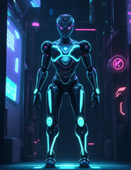 Cyborg in futuristic cyberspace with neon lights 3D rendering