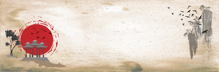 Obraz premium Japanese landscape background Misty mountains.Traditional oriental ink painting sumi-e, u-sin, go-hua.