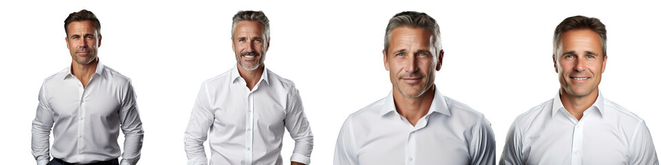 Obraz premium Happy confident middle aged businessman in a white shirt posing for a business portrait isolated on transparent background