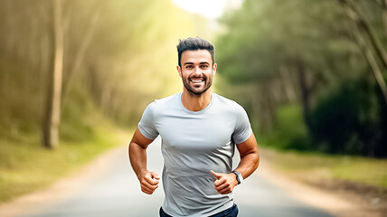 Fototapeta premium Sports, portrait and handsome male athlete running at sunset outdoors in the city street. Fitness, exercise and man runner in outdoor cardio workout. Living healthy lifestyle. 