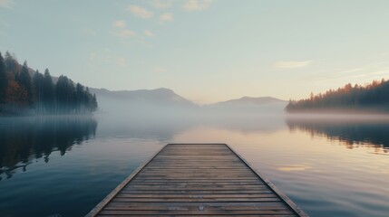 Naklejka na ściany i meble Woodenpier or jetty on lake at a foggy sunrise. Relax, vacations, or work life balance theme