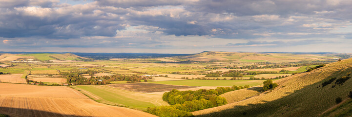Fototapeta na wymiar The wonderful views over the east Sussex countryside and the south downs from Kingston Ridge in south east England UK