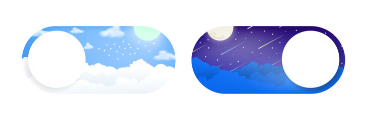 
Night and Day Switch Button Concept. AM to PM Slide Theme. Dark or Light Mode with sun and moon. Day and Night indicator. Cloudy Day Sky with flock of birds. Meteor shower in evening sky. Vector.  