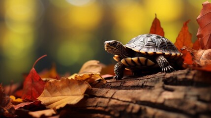 A tiny turtle nestled on a bed of fallen leaves, placed against a rough tree bark background, creating a charming scene with room for text. AI generated