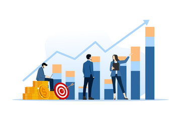 flat statistics and data analysis concept. business financial investment. business data analysis research. investment planning. business team working on monitor graph dashboard. design illustration.