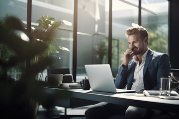 Businessman is talking on a phone while browsing on a digital laptop in an office. sales executive, professional and young expert in communication