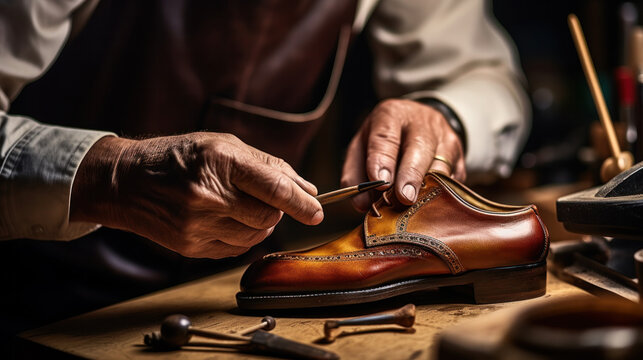 An elderly shoemaker at work in a workshop