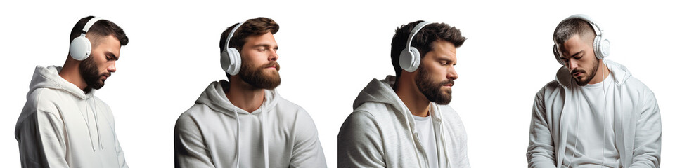 Caucasian man in white hoodie and headphones eyes closed listening to music isolated on transparent...