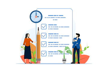Concept of time management, checklist, completing business tasks. positive character with a giant pencil next to a checklist marked on paper on a clipboard. Flat cartoon design vector illustration. - obrazy, fototapety, plakaty