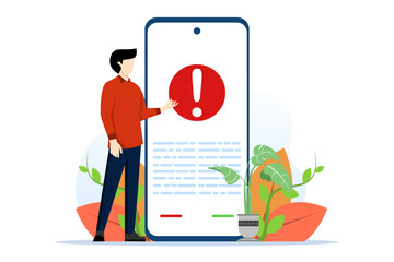 Concept of warning letter, danger notification, report letter. a user has a complaint that appears on his smartphone. prohibited, reported. flat cartoon illustration on white background. - obrazy, fototapety, plakaty