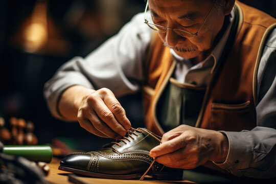An elderly shoemaker at work in a workshop