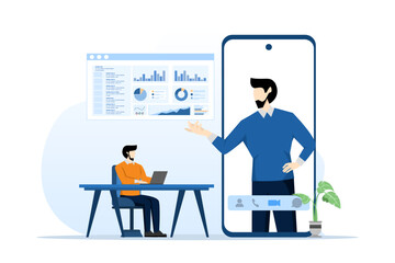 business team group conference meeting concept working for project planning and brainstorming, analysis, business people and monitoring marketing report chart dashboard monitor. vector illustration.