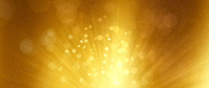 Golden particles shining stars dust bokeh glitter with flare awards abstract background. Futuristic glittering in space on gold color background.