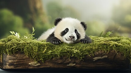 An adorable scene featuring a baby panda cub playfully rolling on a bed of soft moss, positioned against a textured fallen log, leaving space for your custom text. AI generated