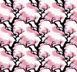 Japanese Cherry Blossom Tree Vector Seamless Pattern