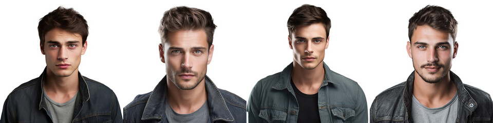 Obraz premium Handsome Caucasian man in casual denim clothes posing for a close up portrait isolated on a transparent background and making eye contact with the camera