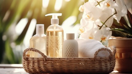 Brushes, sponges, rubber gloves and natural cleaning products in the basket. Eco-friendly cleaning products