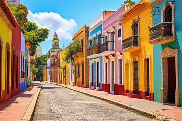 Fototapeta premium Colorful street of an old small Hispanic town on a sunny day. Poster. 