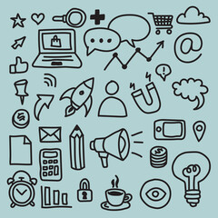 doodle hand drawn set vector icons digital marketing