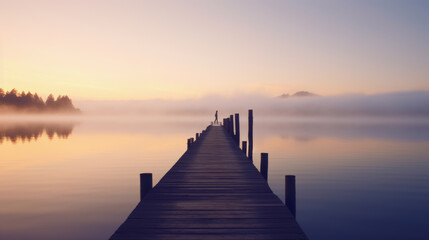 Joga at a wooden jetty or pier. Beautiful sunrise and fog in the far background. Quiet, relaxing...