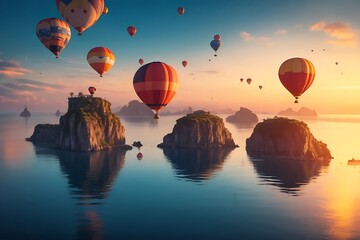 Many balloons float above the sea with many islands. sunset time