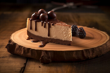 Slice of triple chocolate cheesecake served on a wooden plate - obrazy, fototapety, plakaty