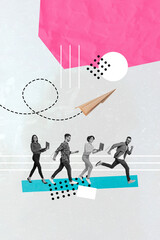 Vertical design collage illustration of four young colleagues working together office send message...