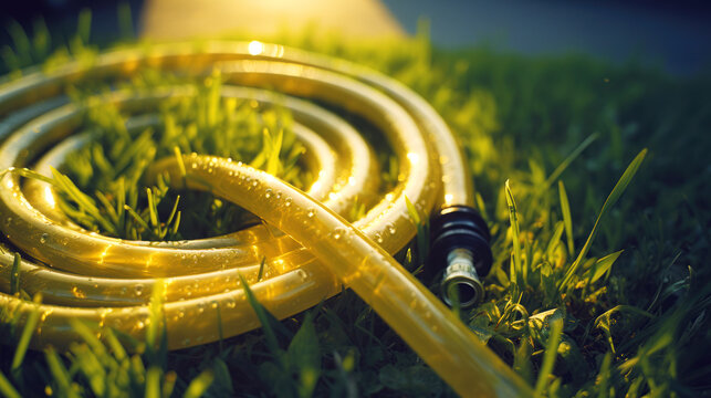 Yellow hose-pipe lying on a green grass. Sunny weather and morning dew droplets.