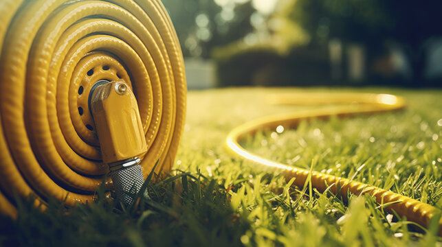 Yellow hose-pipe lying on a green grass. Sunny weather and morning dew droplets.
