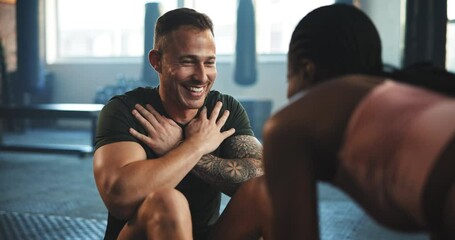 Coach support, sit up and man doing exercise, core muscle building or fitness club for bodybuilding on floor. Personal trainer, athlete friends and coaching training, challenge or partner workout