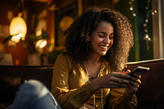 Excited happy young black woman holding smart phone device sitting on sofa at home - Happy satisfied female looking at mobile smartphone screen gesturing yes with clenched fist - Model by AI generativ