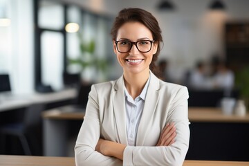 Happy mid aged business woman manager at office. Corporate leader, bank or insurance agent, lawyer, accountant, successful woman, leader manager looking at camera.