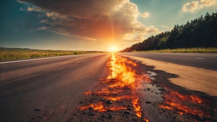 Burning asphalt, oil, gas, or fuel on a road. Fire on the highway at sunset, cloudy sky. Concept of...