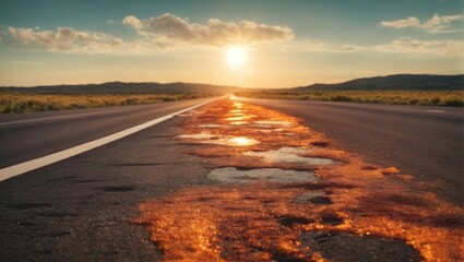 Fototapeta na wymiar Abandoned glowing asphalt road in the desert at sunset. Burning asphalt, oil, gas, or fuel on the highway, cloudy sky. Global warming concept. 
